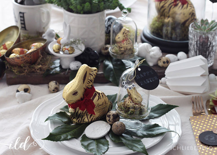 Ostertischdeko im Urban Jungle Look mit dem Goldhasen von Lindt